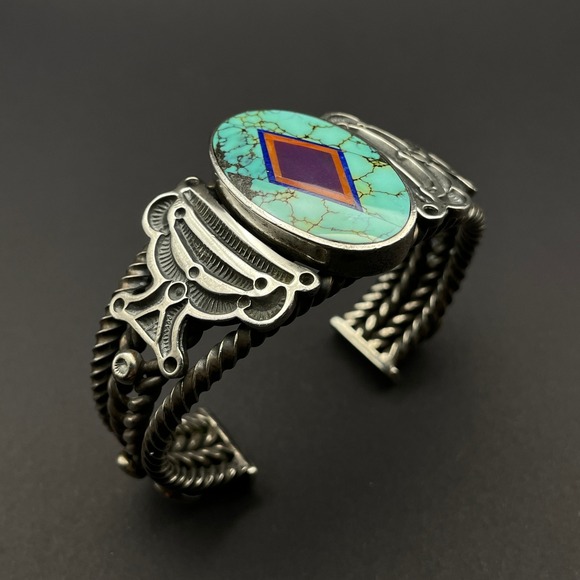 Vintage Navajo Ray Tracey & Knifewing Segura Sterling Silver Inlay Cuff Bracelet - Picture 8 of 16